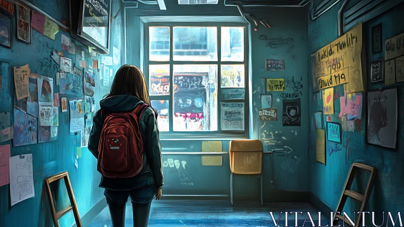 Solitary student in teal hallway facing bright city window.