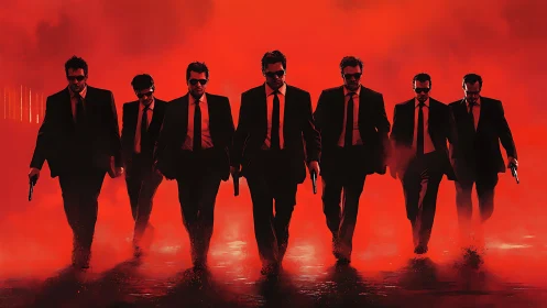 Suited gunmen stride through red smoke in tense formation