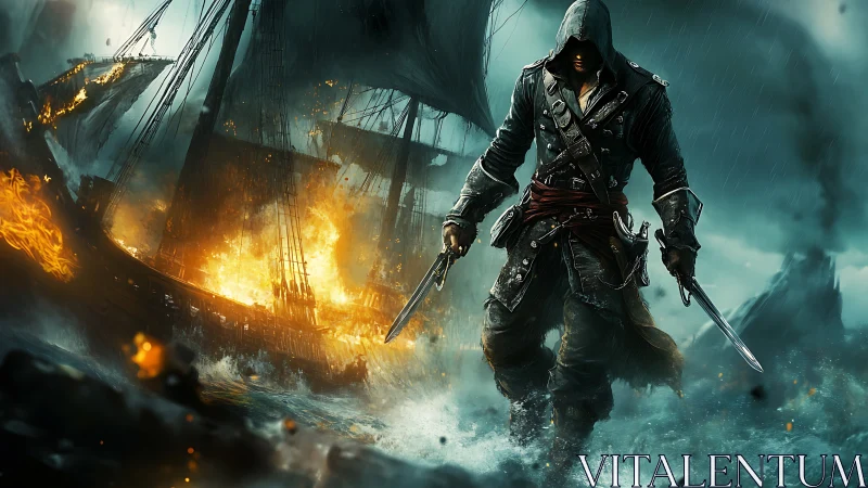 Stormy sea rogue strides forward as burning ship blazes behind