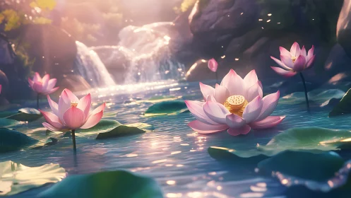 Softly lit lotus pond renders volumetric light and depth of field