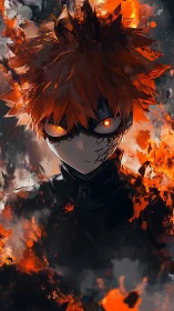 Fiery anime-style masked character stands in burning embers