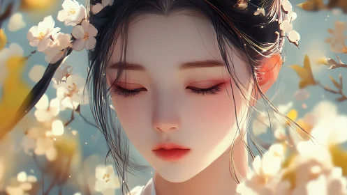 High-fidelity anime portrait amid defocused blossom bokeh field.