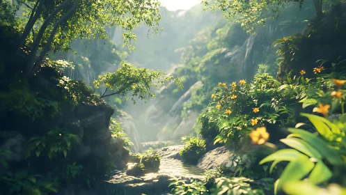 Peaceful Canyon Stream Surrounded by Lush Green Forest