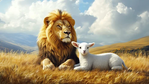 Lion and lamb rest on dry grassland under cloudy sky