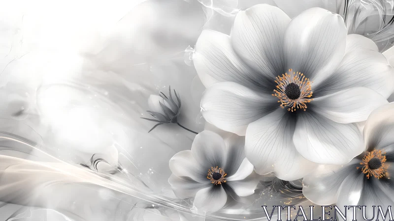 White Flowers With Orange Centers Against Neutral Background.