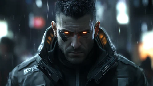 Cyberpunk cyborg enforcer with glowing eyes in rain-soaked city.