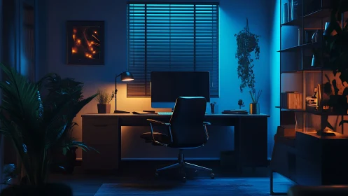 Moody home office glows with blue and amber evening light