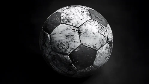 Weathered monochrome soccer ball rendered in dramatic studio light