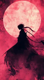Ronin silhouette stalks under colossal crimson moon.