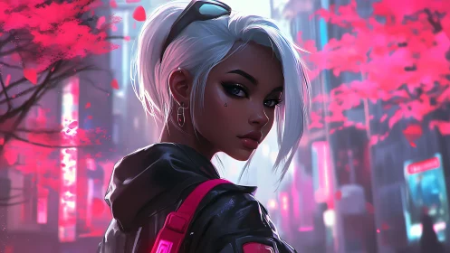 Silver-haired cyberpunk girl walks under neon blossom skies.