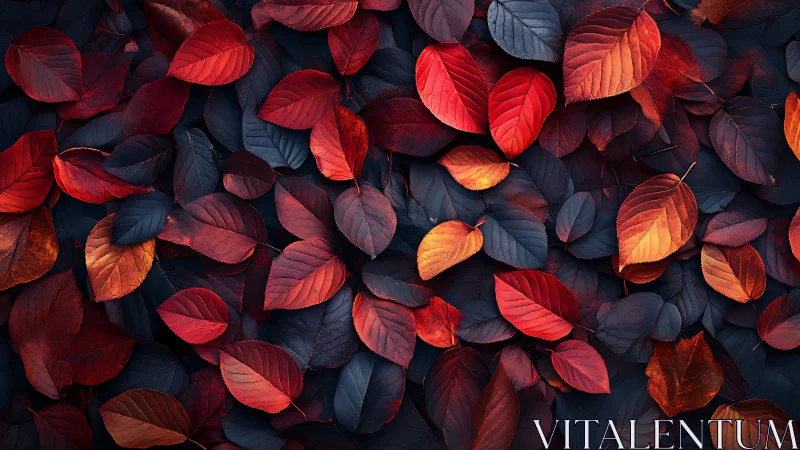 Red and dark autumn leaves layered in dense foliage.