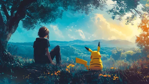 Atmospheric valley vista with trainer and yellow creature companion.