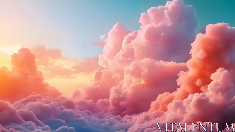 Dreamlike pastel cloudscape under radiant sunrise sky.