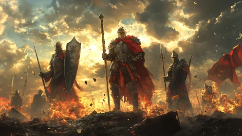 Armored knights advance through fire under storm-lit skies
