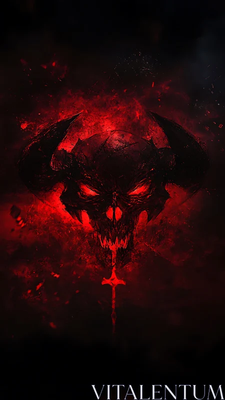 Horned infernal skull ignites a bloodred cosmic void.