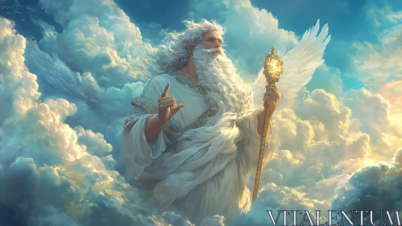Winged celestial deity commands radiant clouds above.