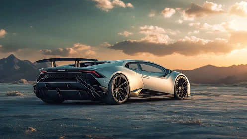 Silver supercar waits in a vast desert at glowing sunset