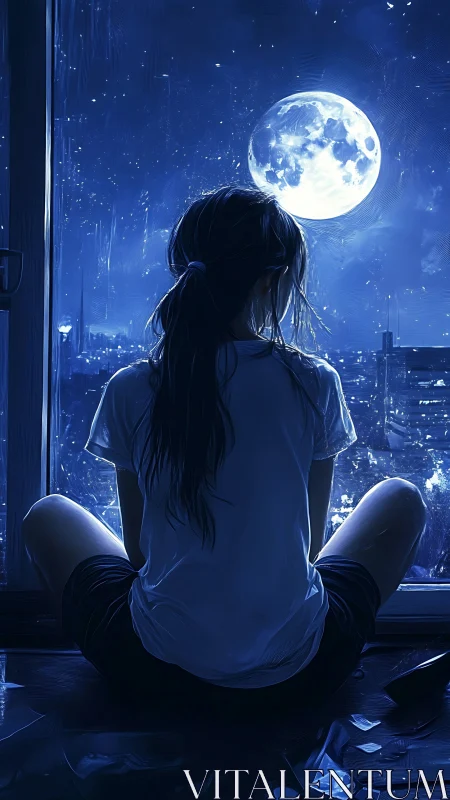 Backlit girl at window observing oversized full moonlit cityscape