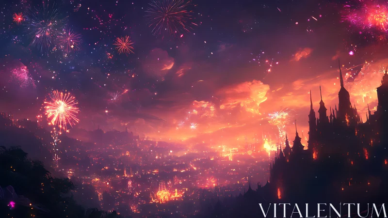 Twilight citadel skyline under radiant festival fireworks.