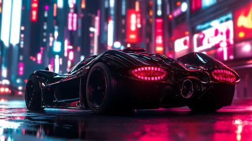 Sleek neon city supercar glowing in midnight rain.
