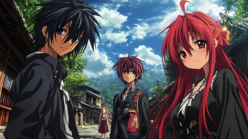 Rural street gathering of four anime students at sunrise.