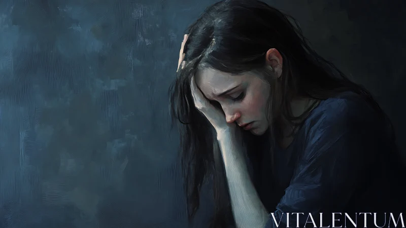 Woman holds head in hand against dark blue background