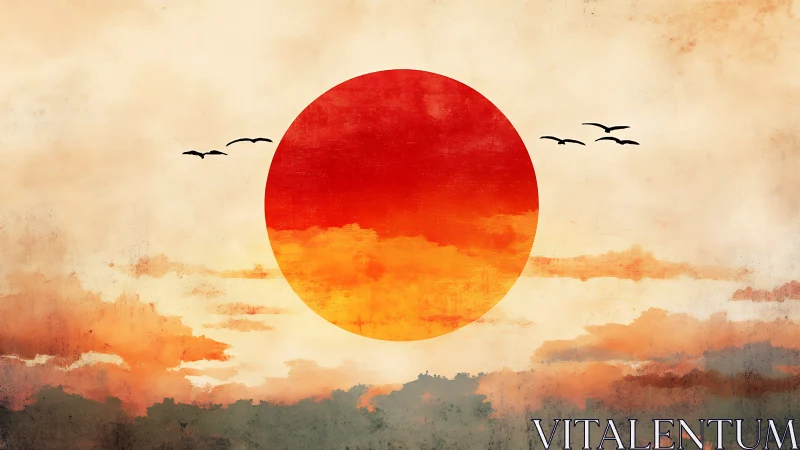 Crimson horizon sun disc rising through painted ember clouds.