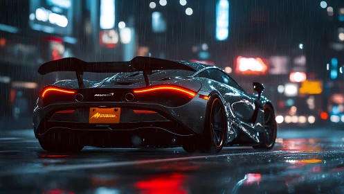 Sleek black sports car on wet neon city street at night.