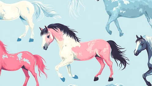 Pastel horses prance across soft blue seamless pattern.