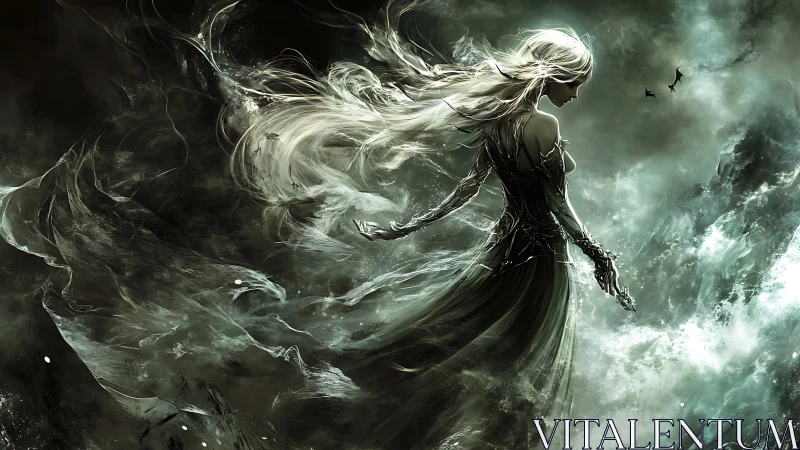 Ethereal sorceress strides through turbulent spectral storm