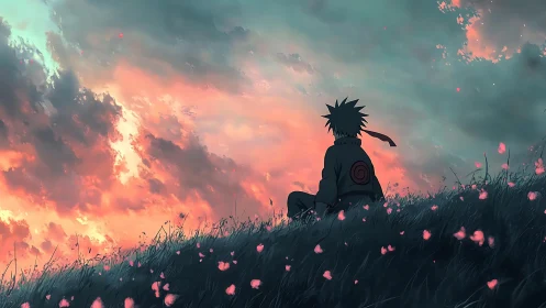 Silhouetted anime figure seated on hillside under sunset sky.