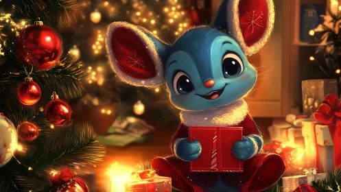 Blue winter mouse sharing cozy Christmas gift wonder.