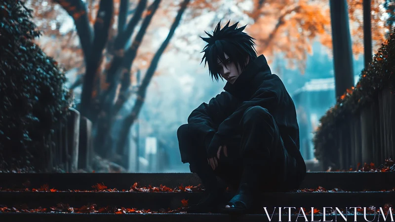 Brooding anime youth on autumn steps in teal-orange glow.