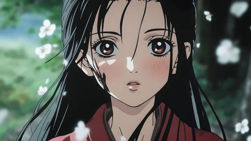 Anime character portrait shows close-up face with falling petals