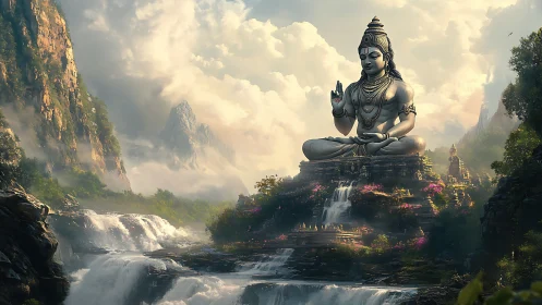 Large stone deity statue in misty mountain waterfall landscape.