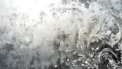 Flourished silver leaves curl across textured concrete wall.