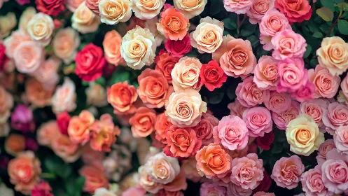 Multicolored Rose Bouquet Overhead Shot Displays Pink Orange Cream Blooms