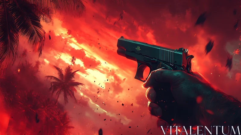 Gun muzzle aligned against incendiary tropical sky in red haze