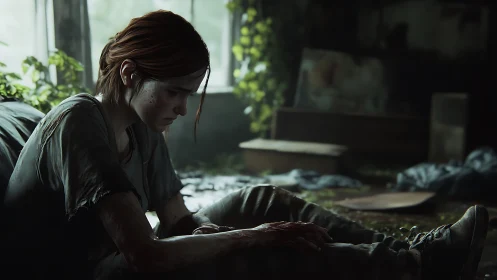 Photorealistic character study in ruined interior light framing.