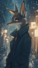 Anthropomorphic fox detective in nocturnal urban snowfall illustration.