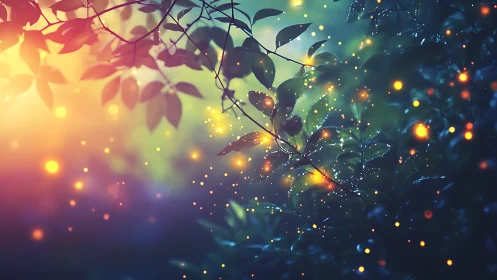 Bioluminescent fireflies illuminating dewy forest foliage at dusk