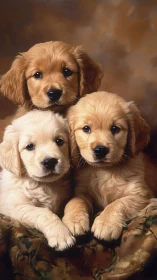 Triangular portrait composition of three golden retriever puppies