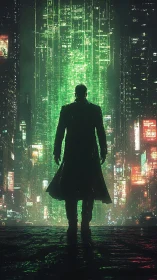 Silhouetted hacker confronts monolithic green data tower in rain