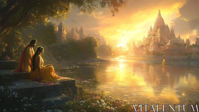 Golden riverside temple glows at sunset as two figures reflect.