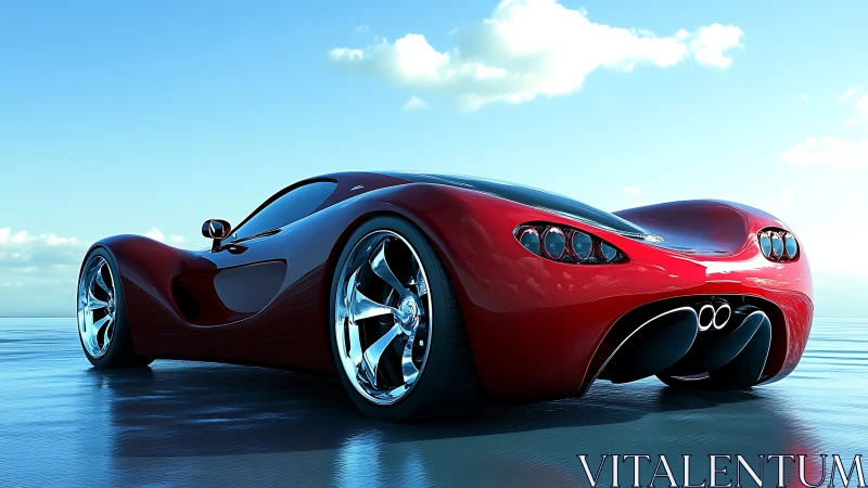 Red aerodynamic concept sports car on reflective surface.