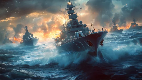 Wartime battleship flotilla in storm-tossed ocean combat zone
