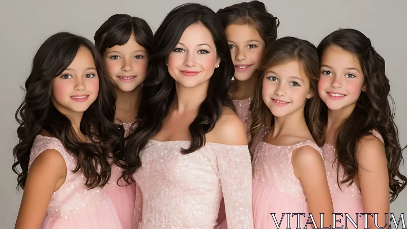 Smiling mother and daughters in coordinated blush pink dresses.