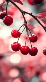 Sunlit cherries glow gently against a dreamy pink orchard