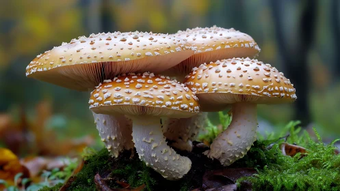 Clustered forest mushrooms form a low group on damp moss