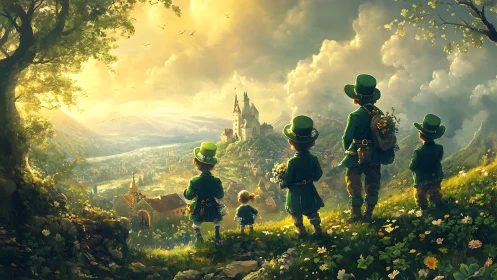 Leprechaun family crossing sunlit hills toward fairytale castle.